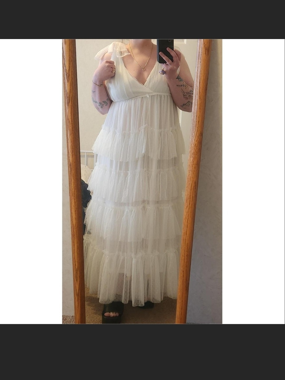 Arule White Tiered Tulle Maxi Dress with V-Neck and Shoulder Tie
